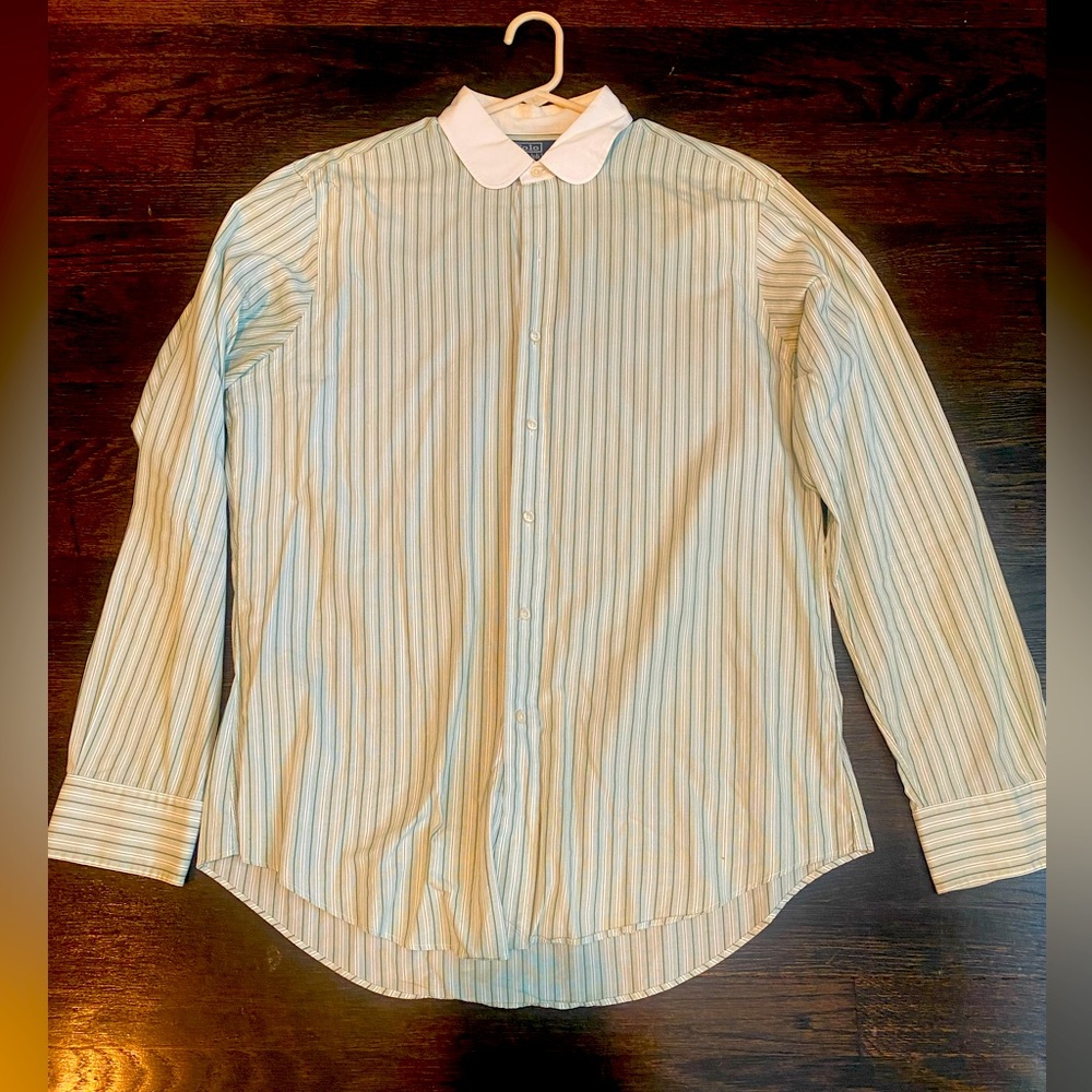 Men’s Polo by Ralph Lauren Club Collar Green Striped Button Down Dress Shirt - L